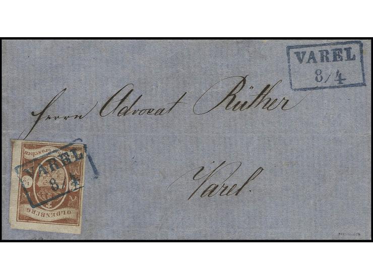 ½ Gr. dunkelbraun, voll- bis überrandig mit klarem Ra2 "VAREL 8/4" auf kleiner Ortsbriefhülle, Pracht, sign. Pfenninger und F
