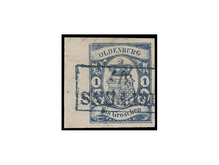 1 Gr. blau, allseits breitrandig, links mit ca. 7 mm Bogenrand, sauber entwertet durch Ra2 "HEPPENS 3/7", Luxus, sign. Kauert