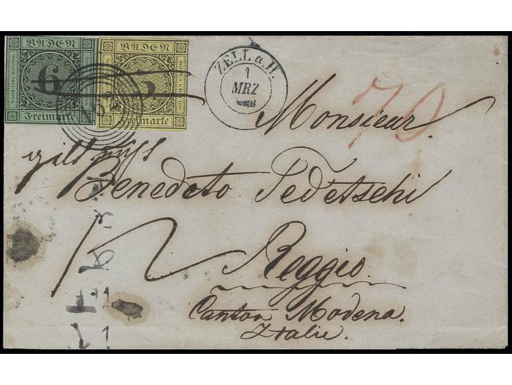 MODENA: 1851/58, 3 Kreuzer auf gelb und 8 Kreuzer auf gelbgrün mit einem zentrischen Nummernstempel "162" auf Briefhülle von 