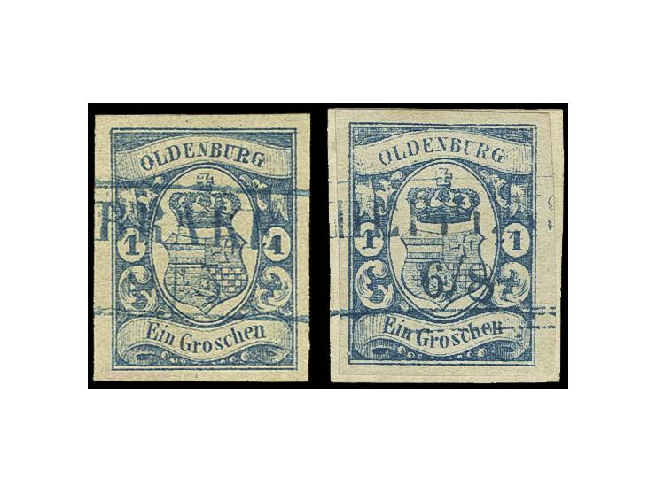 1 Gr. blau, 2 breitrandige Einzelwerte mit sauberem Ra2, einmal auf Briefstück, Kabinett, sign. Bolaffi