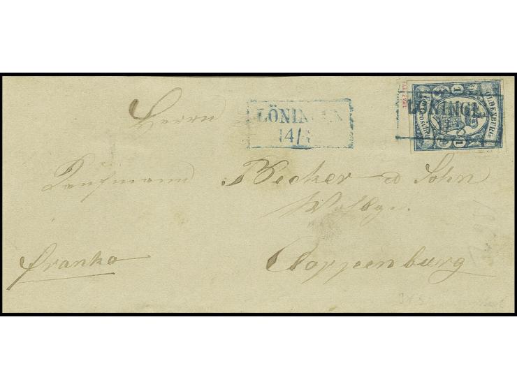 1 Gr. blau, voll- bis meist breitrandig mit sauberem Ra2 "LÖNINGEN 14/3" auf Briefvorderseite nach Cloppenburg, Pracht, sign.
