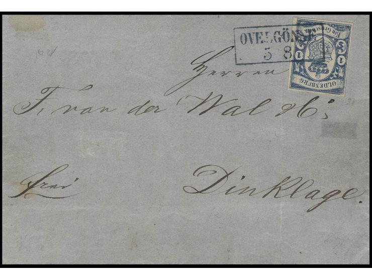 1 Gr. blau, voll- bis breitrandig mit blauem Ra2 "OVELGÖNNE 5 8" (1862) auf Faltbrief nach Dinklage, Pracht, sign. H. Krause 