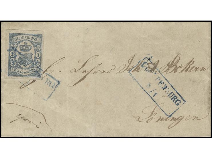 1 Gr. trübblau, ganz trockener Druck, allseits sehr breitrandig mit blauem Ra2 "CLOPPENBURG 8/1" auf kleiner Briefhülle nach 