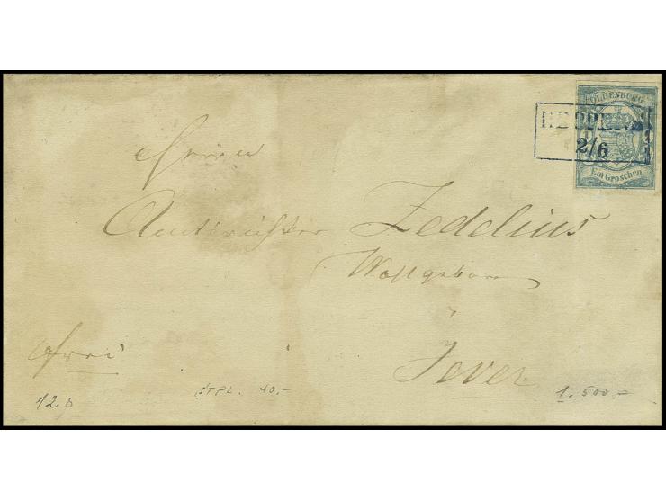 1 Gr. trübblau, voll- bis breitrandig mit blauem Ra2 "HEPPENS 2/6" auf Briefhülle nach Jever, leichte Patina, sign. Brettl BP