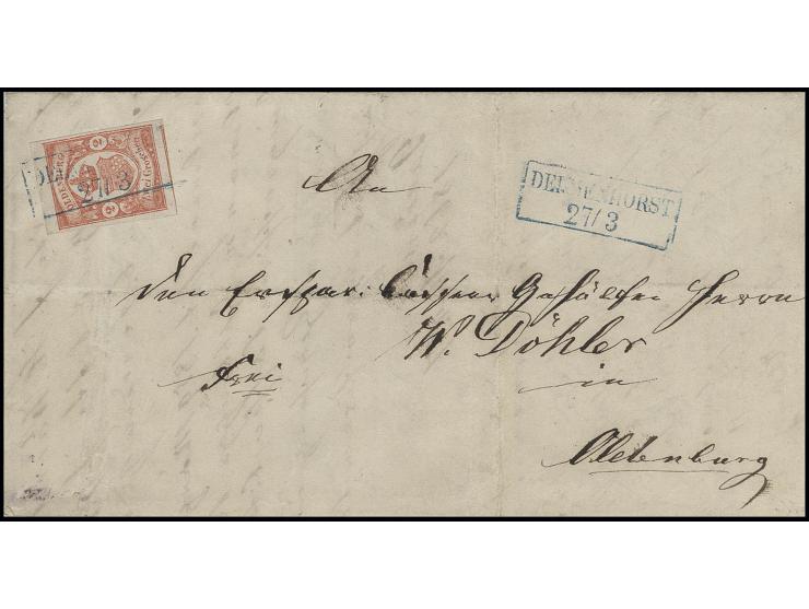 2 Gr. rot, voll- bis überrandig, unten mit Teil der Nachbarmarke und oben mit schmalem Oberrand, mit Ra2 "DELMENHORST 27/3" a