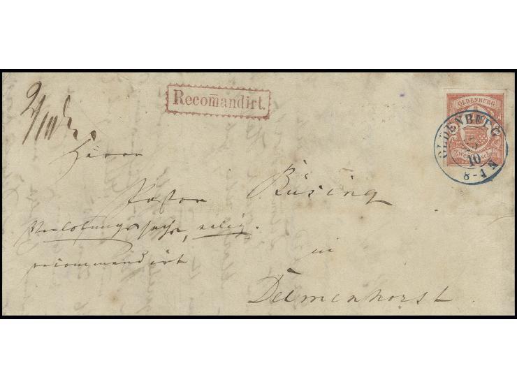 2 Gr. rot, voll- bis breitrandig mit klar aufgesetztem blauen DKr. "OLDENBURG 25 10" auf eingeschriebenem Brief an "Herrn Pas