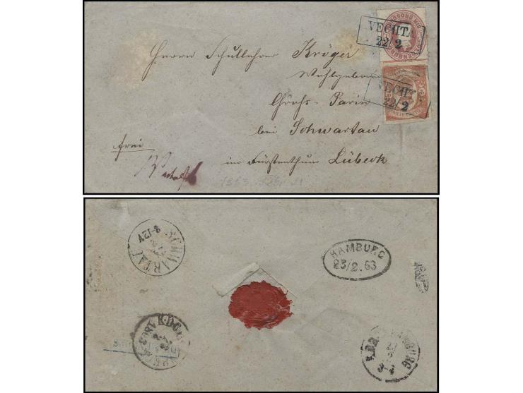 2 Gr. rot, breit- bis überrandig, in Mischfrankatur mit 1862, 1 Gr. karmin mit allseits tadellosem Durchstich, mit jeweils sa