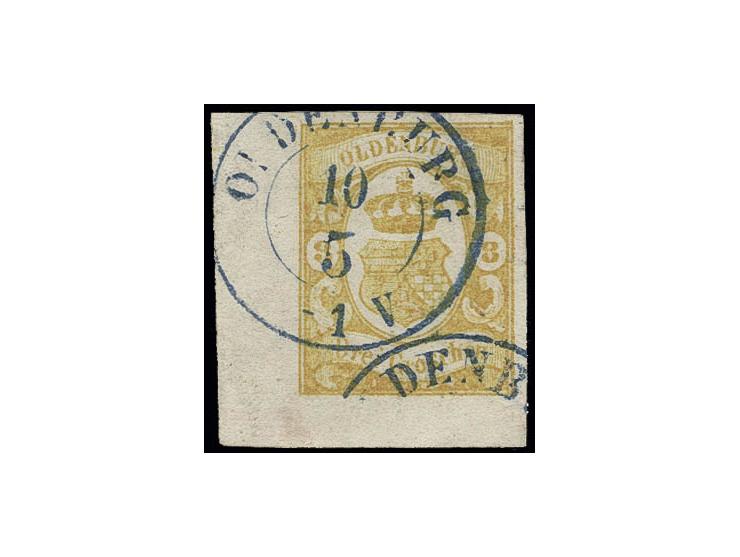 3 Gr. gelb, allseits sehr breitrandige linke untere Bogenecke mit 7/7,5 mm linkem und 4,5 mm unterem Bogenrand, sauber entwer