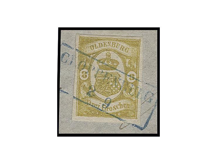 3 Gr. graugelb, allseits breitrandig mit klar aufgesetztem Ra2 "CLOPPENBURG 2/9" auf Briefstück; die Marke war zur Qualitätsk