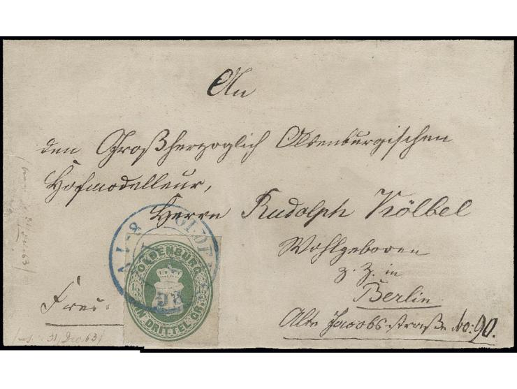 1862, Wappenausgabe, durchstochen 11 3/4:1/3 Gr. grün mit blauem DKr. "OLDENBURG 30 12" auf Streifband an "An den Großherzogl