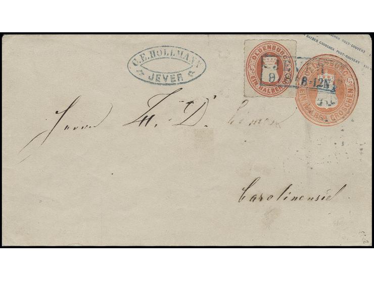 ½ Gr. rotorange als Zufrankatur auf Ganzsachenumschlag ½ Gr. orange mit über Marke und Wertstempel abgeschlagenem blauen Ra2 