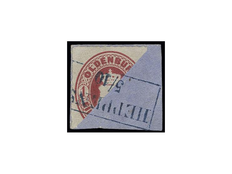 1 Gr. karmin, diagonal halbiert, linke obere Hälfte, sehr farbfrisch und an den beiden verbleibenden Markenrändern mit vollst