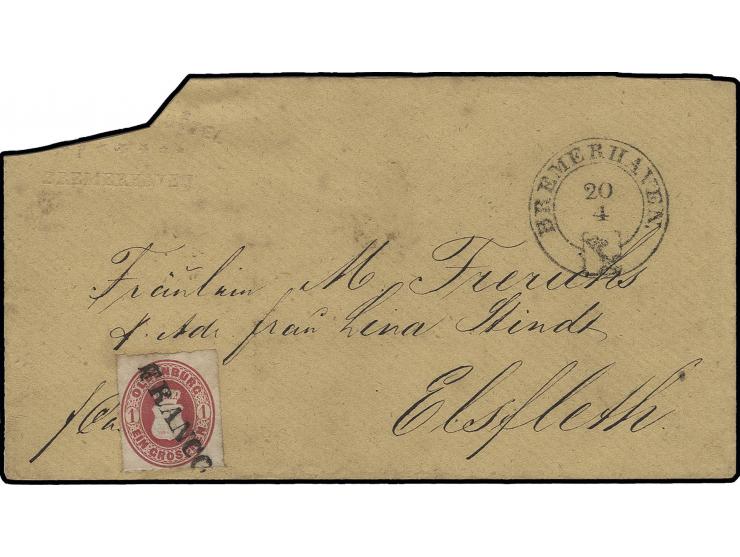 1 Gr. karmin mit schwarzem L1 "FRANCO" und nebengesetztem Schlüsselstempel "BREMERHAVEN 20 4" auf links oben etwas beschnitte