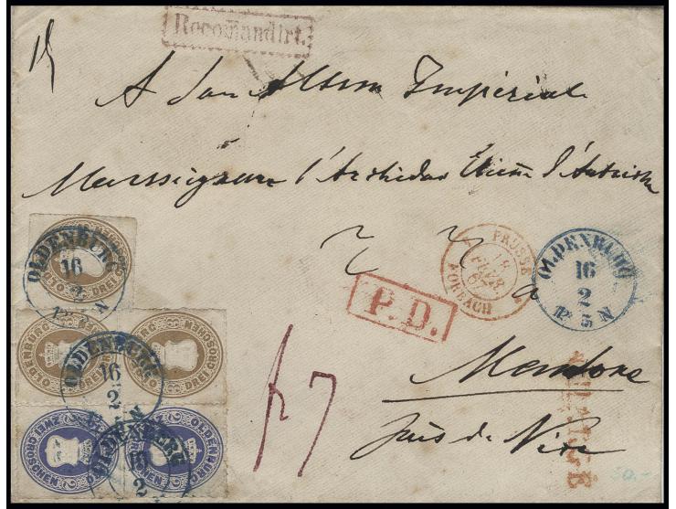 2 Gr. ultramarin im senkrechten Paar sowie senkrechtes Paar und Einzelstück 3 Gr. ockerbraun mit sauberem DKr. "OLDENBURG 16 