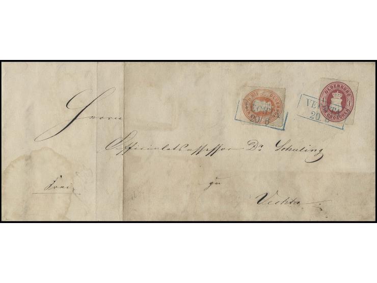 Durchstich 10: 1 Gr. karmin und Durchstich 11 3/4 ½ Gr. orange mit jeweils sauber aufgesetztem Ra2 "VECHTA 20/6" (1867) auf O