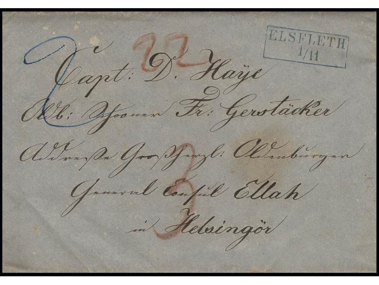 STEMPEL: "ELSFLETH 1.11", blauer Ra2 klar auf kpl. Faltbrief mit diversen Tax-Vermerken via Hamburg nach Helsingör, Dänemark,