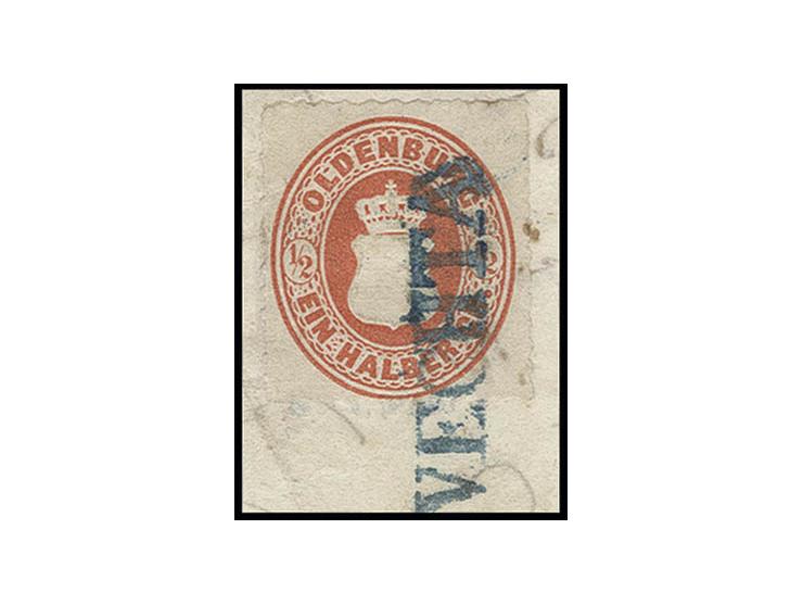 "VECHTA", L1 in blau sauber auf ½ Gr. rotorange auf Briefstück, Pracht, sign. Brettl BPP