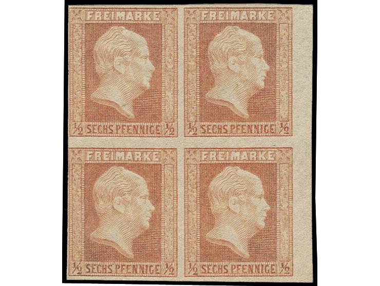 1850, 6 Pfg. rotorange im Viererblock mit rechtem Bogenrand, ansonsten knapp- bis vollrandig geschnitten, die beiden oberen M