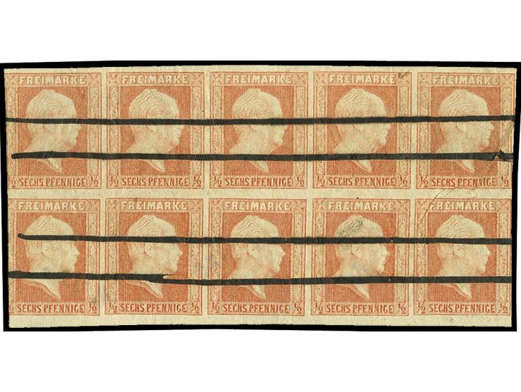 6 Pfg. rotorange im waagerechten 10er-Block, links angeschnitten und kleiner Randspalt, sonst voll- bis breitrandig, entwerte