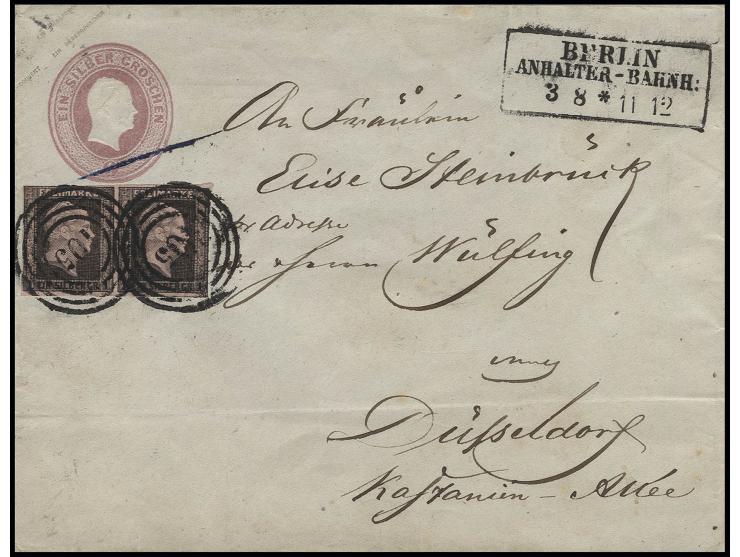 1 Sgr. auf hellrosa im waagerechten Paar als Zufrankatur mit Nummer "105" auf Ganzsachenumschlag 1853 1 Sgr. mit nebengesetzt