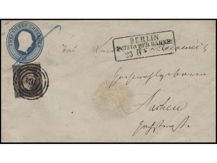 1 Sgr. auf hellrosa als Zufrankatur mit Nummer "104" auf Ganzsachenumschlag 1855 2 Sgr. blau mit nebengesetztem Ra3 "BERLIN P