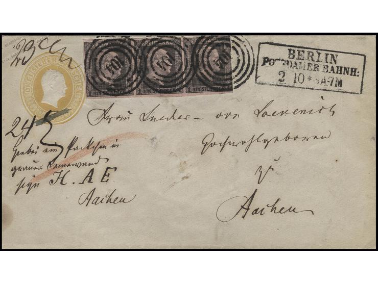 1 Sgr. auf hellrosa im waagerechten Dreierstreifen als Zufrankatur mit Nummer "104" auf Ganzsachenumschlag 1855 3 Sgr. gelb m