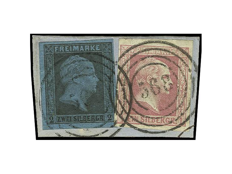 2 Sgr. auf graublau in Mischfrankatur mit 1857, glatter Grund 1 Sgr. rosa, beide breitrandig mit Nr. "568" HAGEN auf kleinem 