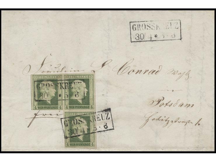 4 Pfg. grün im 3er-Block, allseits voll- bis überrandig mit Ra2 "GROSSKREUZ 40/4" (1859) auf Faltbrief nach Potsdam, schöne u