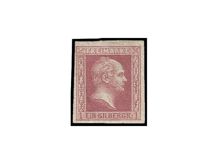 1857, glatter Grund: 1 Sgr. rosa, farbfrisch und allseits knapp- bis breitrandig, postfrisch, unsigniert, Kabinett, Befund Ka