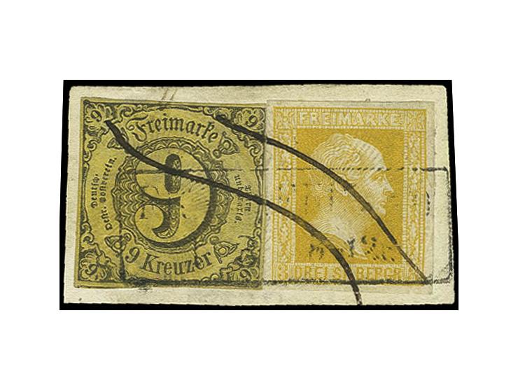 3 Sgr. gelborange, allseits breitrandig und farbfrisch in Mischfrankatur mit Thurn & Taxis 1852, 9 Kr. auf gelb mit über beid