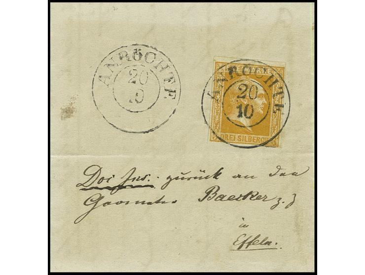 3 Sgr. dunkelorange, unten lupen-, sonst voll- bis breitrandig mit klar auf- sowie nebengesetztem DKr. "ANRÖCHTE 20 10" (1863