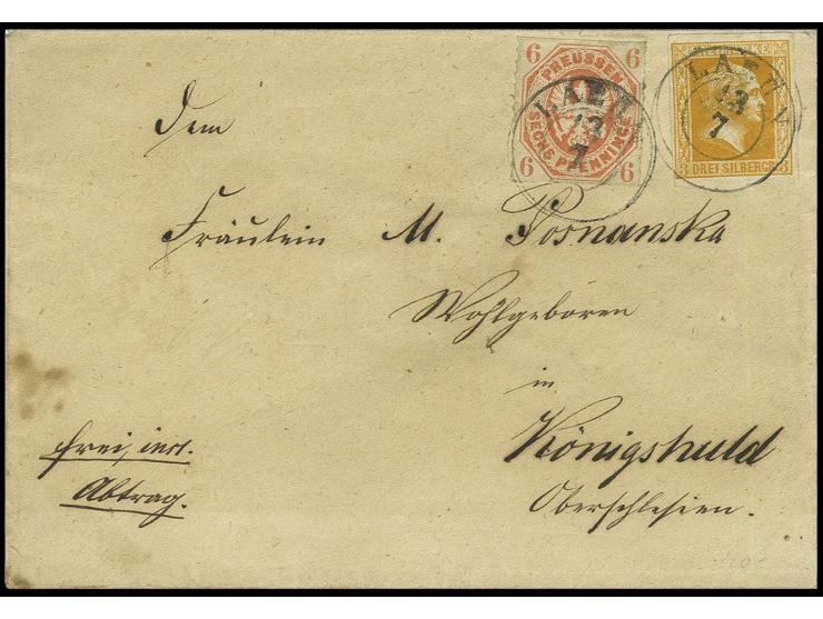3 Sgr. dunkelgelblichorange in Mischfrankatur mit Wappen 6 Pfg. orange, beide farbfrisch und in einwandfreier Erhaltung mit D