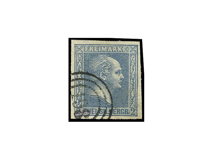 2 Sgr. blau, allseits breitrandig mit seltener Entwertung durch den raren dänischen Nummernstempel "198" der Schiffspost Kope