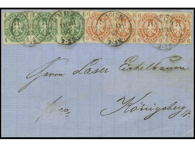 1861, Wappen 4 Pfg. grün, Paar und Einzelmarke zusammen mit Paar und 2 Einzelmarken 6 Pfg. orange, mit 4mal sauber aufgesetzt
