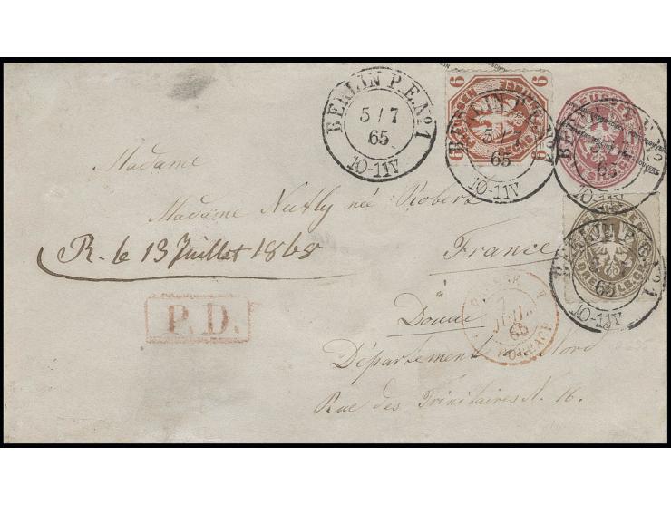6 Pfg. rotorange und 3 Sgr. graubraun als Zufrankatur auf Ganzsachenumschlag 1 Sgr. rosa mit DKr. "BERLIN P.E. No. 1 5/7 65" 