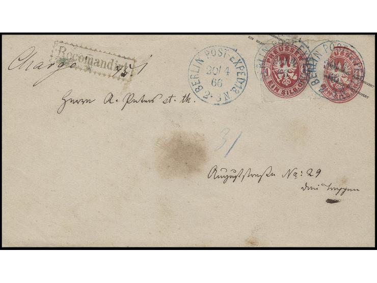 1 Sgr. karmin, rechts mit  kleinen Bogenrand mit Reihenzahl "1" als Zusatzfrankatur auf 1863, Ganzsachenumschlag 1Sgr. mit bl