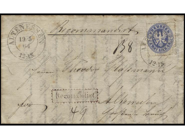 2 Sgr. ultramarin als seltene Einzelfrankatur mit DKr. "ALTENESSEN 19 5 64" auf eingeschriebenem Orts-Faltbrief mit violettem