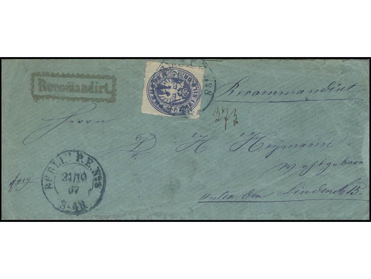 2 Sgr. ultramarin als Einzelfrankatur mit blauem DKr. "BERLIN P.E.No8 21/10 67" auf günem eingeschriebenem Ortsbrief im Damen