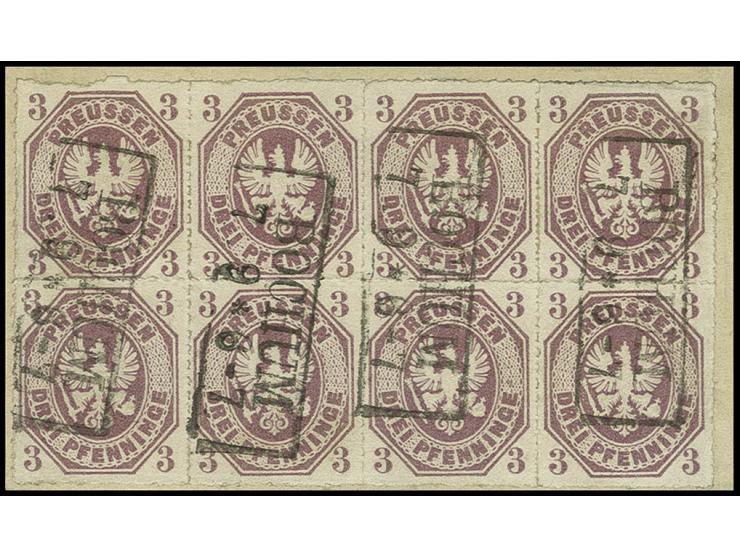 1865, Wappen 3 Pfg. lila im waagerechten 8er-Block, linke obere Marke etwas eingekerbt, sonst allseits vollständiger Durchsti