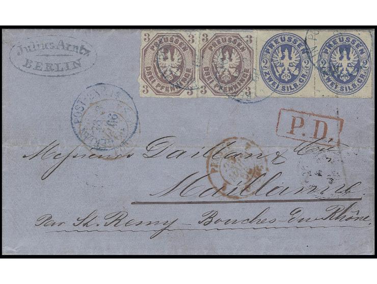 3 Pfg. graulila, 2 Einzelwerte mit waagerechtem Paar 2 Sgr. ultramarin, mit blauem EKr. "BERLIN POST-EXP. 14 23/3 66" auf Bri