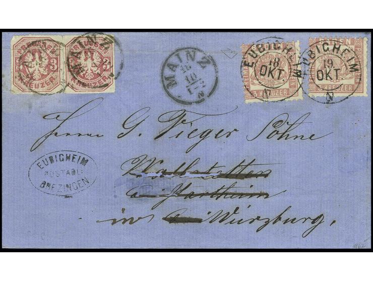 1867, 3 Kr. rosa, 2 Einzelstücke mit EKr. "MAINZ 16 10" auf Briefhülle nach Waldstetten bei Hartheim, nachgesandt nach Würzbu