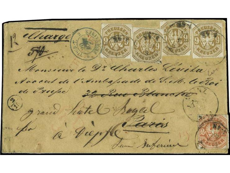 9 Kr. gelblichbraun, 4 Einzelwerte mit 2 Kr. orange, mit frühem Ablöse-EKr. "MAINZ 19 8 67" auf gesiegeltem Chargé-Brief nach