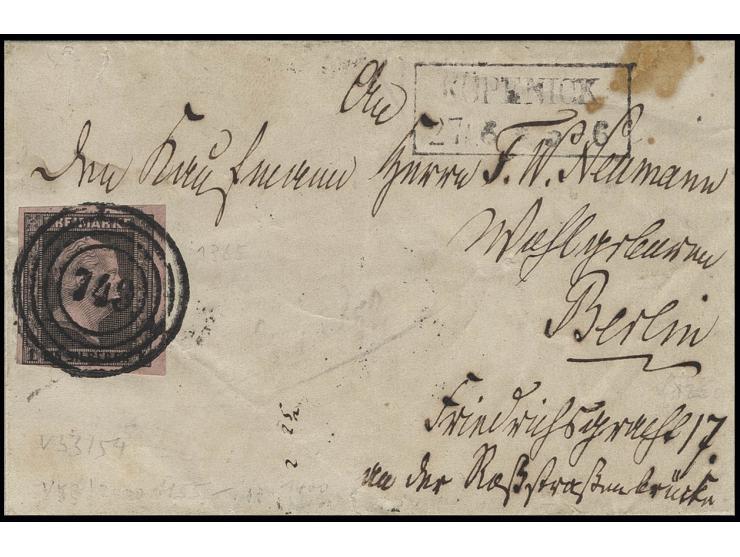 STEMPEL: "749" KÖPENICK, sauber auf 1 Sgr. a. rosa, voll-bis breitrandig mit 2mm rechtem Bogenrand auf kleiner Briefhülle nac