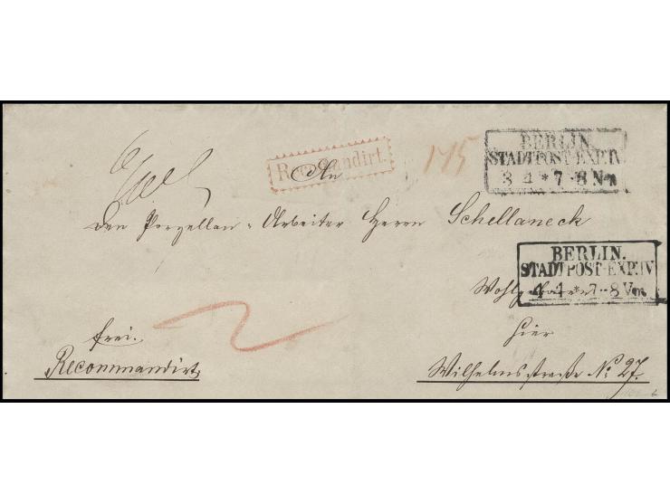 1862 (ca.), "BERLIN./STADTPOST-EXP.IV/3 4" und gleicher Stempel vom nächsten Tag morgens, auf eingeschriebenem Ortsfaltbrief 