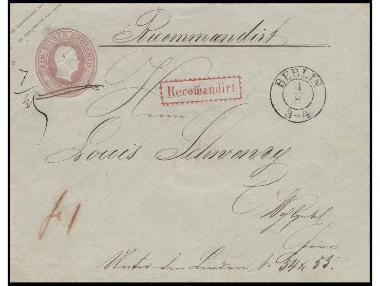 GANZSACHEN: 1853, 1 Sgr. im Großformat mit nebengesetztem DKr. "BERLIN 4/8" und rotem Zackenkranzstempel "Recomandirt.", als 