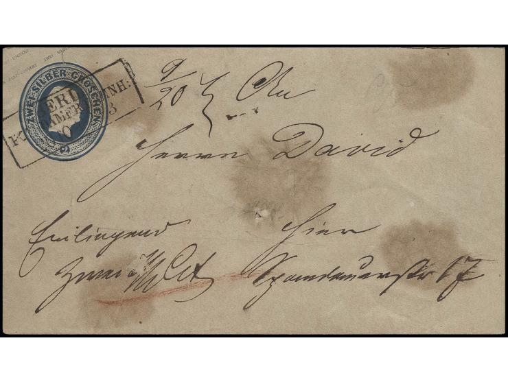 1855, Umschlag 2 Sgr. mit sehr klarem RA3 "BERLIN POSTDAMER BAHNH: 20 10" mit handschriftlichem Vermerk "eimliegend 2 Taler" 
