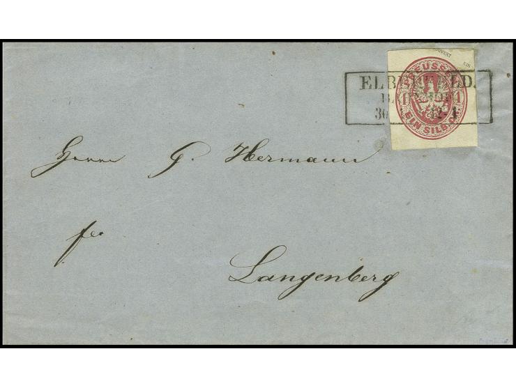 GANZSACHENAUSSCHNITTE: 1861, 1 Sgr. rosa, breitrandig viereckig geschnitten mit klarem Ra3 "ELBERFELD BAHNHOF 30 12" (1862) a