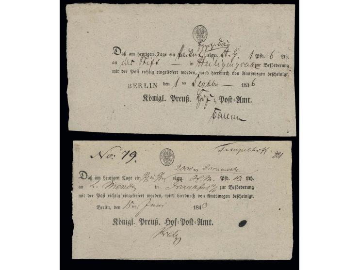 DIVERSES: 1836/1843, zwei Postscheine zu 1 Sgr., mit L1 "BERLIN" bzw. rechts oben mit handschriftlichem Vermerk "Tempelhof", 