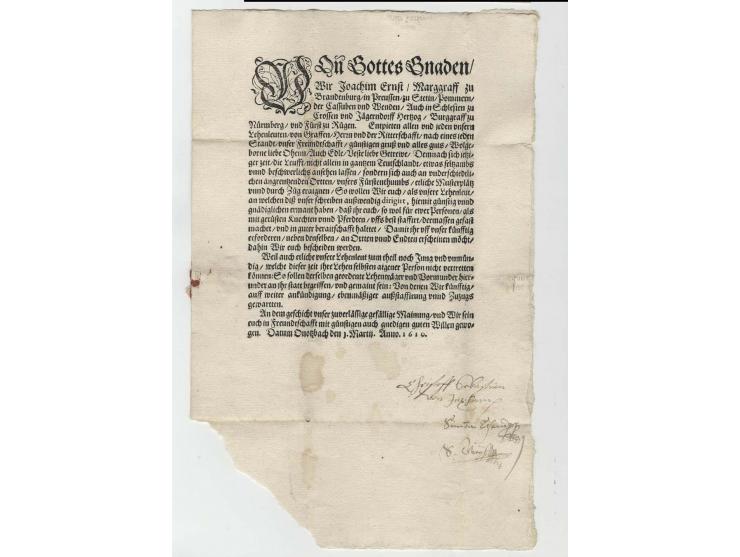 1610, Jülisch-Klevischer Erbfolgestreit (1609-1614), Militärbrief mit gedrucktem Mobilmachungsbefehl von Joachim Ernst von Br
