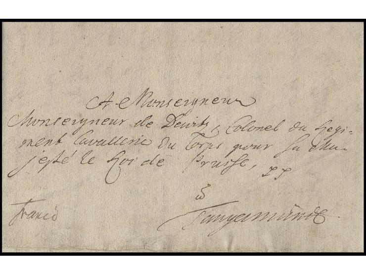 1725, Feldpostbrief mit "franco"-Vermerk an Oberst  von Denritz in den Standort des Kavallerie-Regiments Nr. 7 nach Tangermün